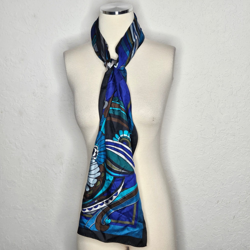 Nicole Miller 100% Silk Scarf Blue Brown Psychedelic Floral Geometric Print